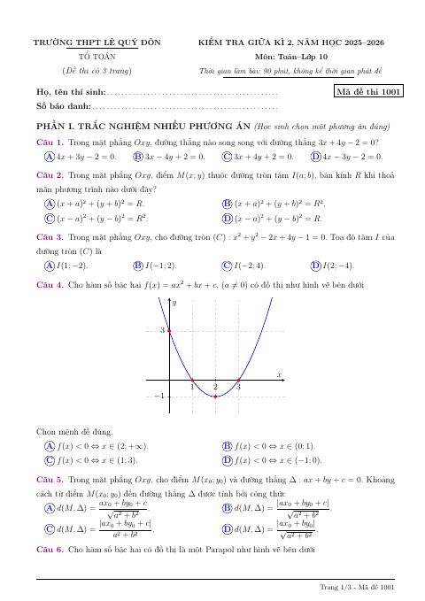 Đề thi Giữa kì 2 Toán 10 năm 2025-2026 trường THPT Lê Quý Đôn (Quảng Ngãi)
